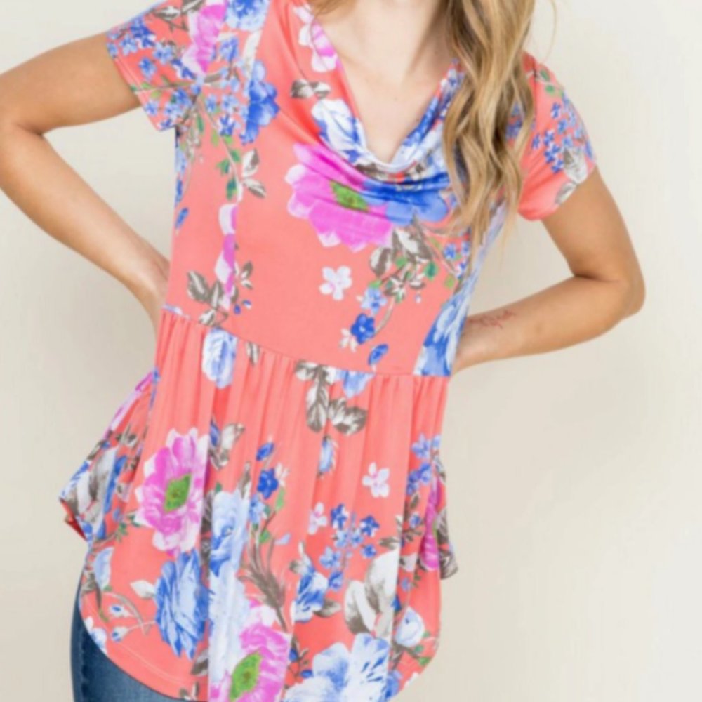 Coral Cowl Neck Floral Babydoll